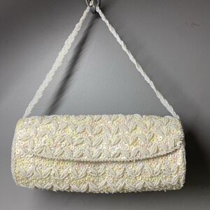 VINTAGE WHITE BEAD&SEQUIN WOMEN'S SATIN EVENING BAG PURSE HONG‎ KONG